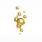 Gold decorative balls. Golden realistic balls with highlights hung in white space. Gift decoration. Digital abstraction