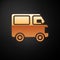 Gold Delivery cargo truck vehicle icon isolated on black background. Vector