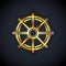 Gold Dharma wheel icon isolated on black background. Buddhism religion sign. Dharmachakra symbol. Vector