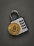 A gold digital coin and a gray combination lock on a dark gray background