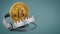 Gold digital coin in ready bear trap. 3D illustration