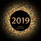 Gold discoball New Year 2019 greeting poster. Happy New Year 2019 circle disc with particle. Glitter gray dot pattern