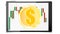 Gold dollar coin and a graph, diargamma in the form of candlesticks and candlesticks on the background of smart tablets smart