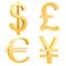 Gold dollar,pound,euro,yuan signs