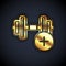 Gold Dumbbell icon isolated on black background. Muscle lifting, fitness barbell, sports equipment. Vector