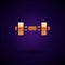 Gold Dumbbell icon isolated on black background. Muscle lifting icon, fitness barbell, gym, sports equipment, exercise