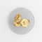 Gold dumbbells icon. 3d rendering gray round key button, interface ui ux element