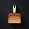 Gold Dustpan icon isolated on black background. Cleaning scoop services. Long shadow style. Vector