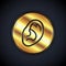 Gold Ear listen sound signal icon isolated on black background. Ear hearing. Vector