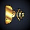 Gold Ear listen sound signal icon isolated on black background. Ear hearing. Vector