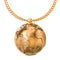 Gold Earth Globe on golden chain, 3D rendering