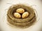 Gold eggs inside bird nest. 3D illustration