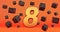 Gold eight 8 percent number with Black cubes  percentages fly on a orange background.