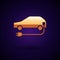 Gold Electric car and electrical cable plug charging icon isolated on black background. Renewable eco technologies