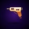 Gold Electric hot glue gun icon isolated on black background. Hot pistol glue. Hot repair work appliance silicone