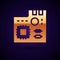 Gold Electronic computer components motherboard digital chip integrated science icon isolated on black background