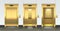 Gold elevators entrance doors. Realistic open and close hotel lifts. Marble floor. Luxury lobby corridor. Metal doorways