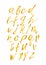 Gold English alphabet. Letters A-Z painted with brush isolated on white. Expressive calligraphy font. Latin lowercase symbols.