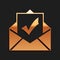 Gold Envelope with document and check mark icon isolated on black background. Successful email delivery confirmation
