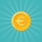 Gold euro coin with rays. Flat icon. Isolated on blue. Economy, finance, money pictogram