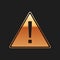 Gold Exclamation mark in triangle icon isolated on black background. Hazard warning, careful, attention, danger warning