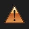 Gold Exclamation mark in triangle icon isolated on black background. Hazard warning sign, careful, attention, danger