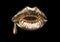 Gold expensive lips, girl sexy mouth background. Golden lipstick with drop of gold. Glamour fashion cosmetic for woman