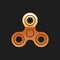 Gold Fidget spinner icon isolated on black background. Stress relieving toy. Trendy hand spinner. Long shadow style