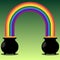 Gold filled cauldrons with rainbow on green background