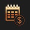 Gold Financial calendar icon isolated on black background. Annual payment day, monthly budget planning, fixed period