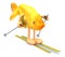 Gold fish with arms and legs, ski and stick
