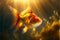 Gold fish underwater with sun rays illuminating the sea depths