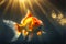 Gold fish underwater with sun rays illuminating the sea depths