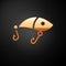 Gold Fishing lure icon isolated on black background. Fishing tackle. Vector