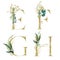 Gold Floral Alphabet Set - letters E, F, G, H with green botanic branch bouquet composition. Unique collection for wedding invites