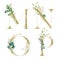Gold Floral Alphabet Set - letters M, N, O, P with green botanic branch bouquet composition. Unique collection for wedding invites