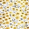 Gold foil flower field seamless vector pattern. Metallic golden black white floral background. Repeating ditsy flower
