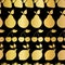 Gold foil fruits seamless vector pattern. Golden shiny strawberry, pear, cherry, lemon in rows on black background. Elegant,