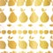 Gold foil fruits seamless vector pattern. Golden shiny strawberry, pear, cherry, lemon in rows on white background. Elegant,