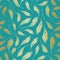 Gold foil leaves seamless vector pattern background. Modern stylish hand drawn foliage metallic backdrop. Elegant teal