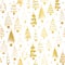Gold foil metallic Christmas trees on white seamless vector pattern. Modern golden abstract doodle holiday background