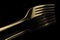 Gold fork on a black background with reflection
