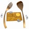 Gold fork and spoon icon with credit card