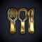 Gold Fork, spoon and knife icon isolated on black background. Cooking utensil. Cutlery sign. Vector