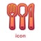 Gold Fork, spoon and knife icon isolated on white background. Cooking utensil. Cutlery sign. Vector