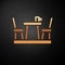 Gold French cafe icon isolated on black background. Street cafe. Table and chairs. Vector