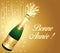 Gold french greeting card 2021 Happy New Year with uncorked bottle of Champaign. Vector illustration.