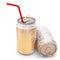 Gold frozen aluminum beer or soda cans with red straw isolated on white