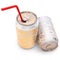 Gold frozen aluminum beer or soda cans with red straw isolated on white
