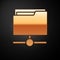 Gold FTP folder icon isolated on black background. Software update, transfer protocol, router, teamwork tool management